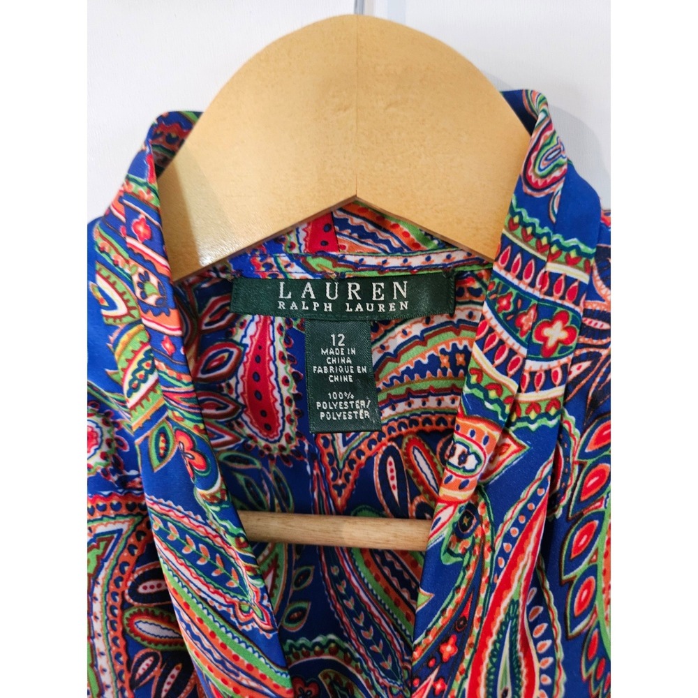 Lauren Ralph Lauren Blouse Women 12 Blue Paisley Excellent Cowl Neck Sleeveless - Picture 4 of 6
